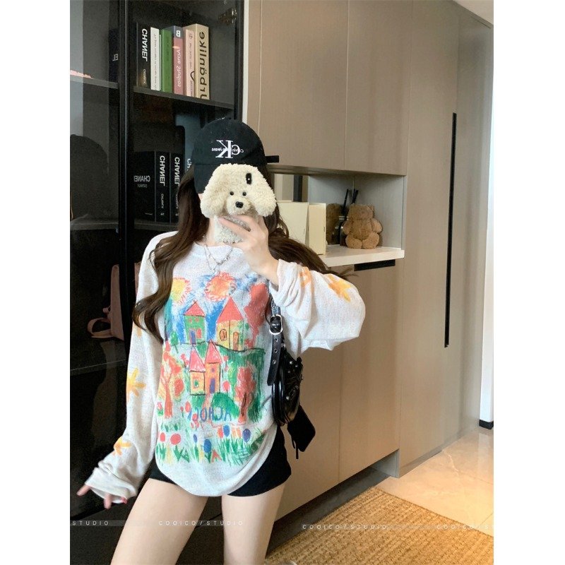 Vapetix S-XL MR【Original Rainbow Hemp】Retro Long-Sleeve T-Shirt for Women, Summer Hand-Painted Colorful Graffiti – Bild 4