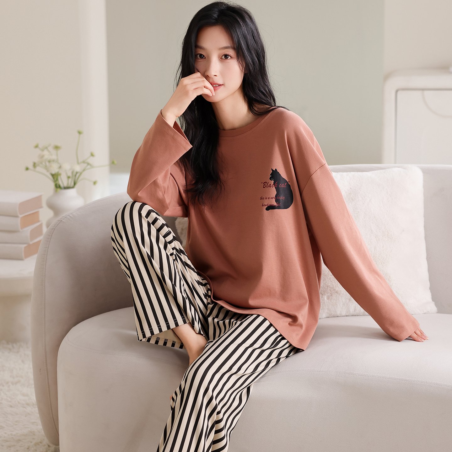 Vapetix M-XXL Women's Set of 2025 Autumn Pure Cotton Crew Neck Long Sleeve Long Pants Pajamas - Casual, Comfortab – Bild 5