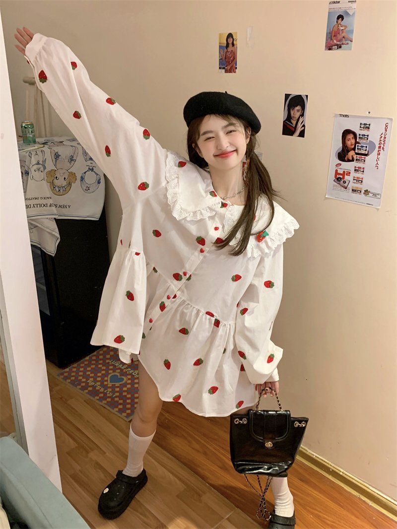 Vapetix S-2XL Spring 2025 Sweet Korean Style Long-Sleeve Dress for Women - New Arrival Strawberry Heavy Work Prin – Bild 2