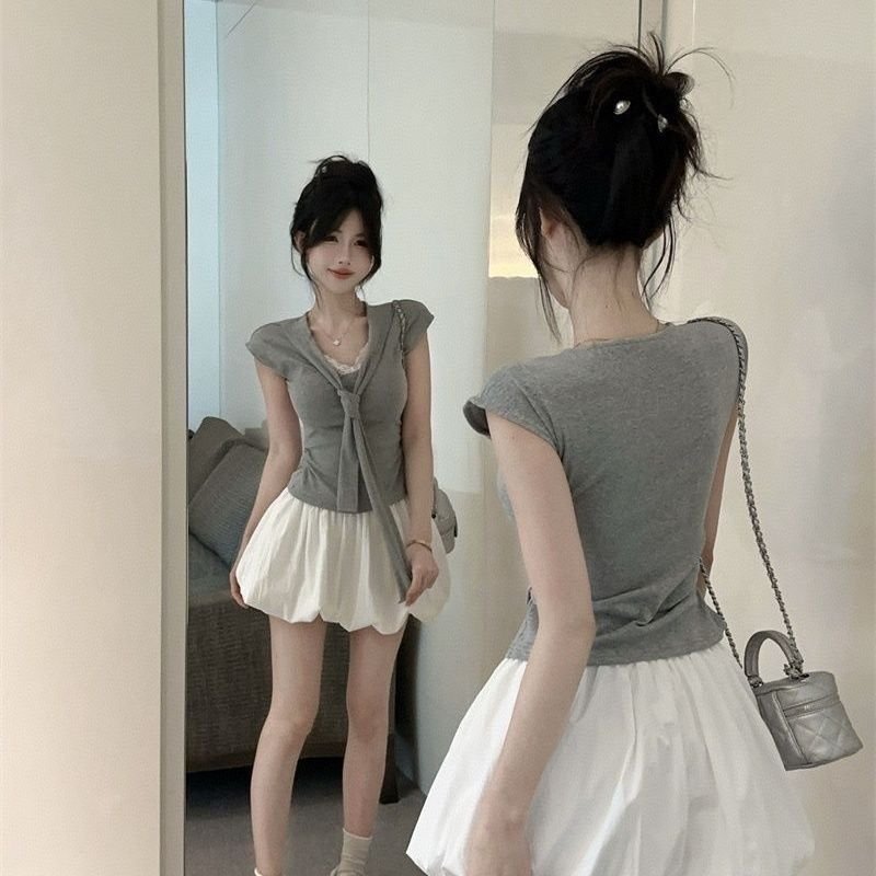 Vapetix S-XL MR Cozy Cotton Korean Style T-shirt Lace Short Sleeve Ribbon Pleated T-shirt Women's Summer Design – Bild 3