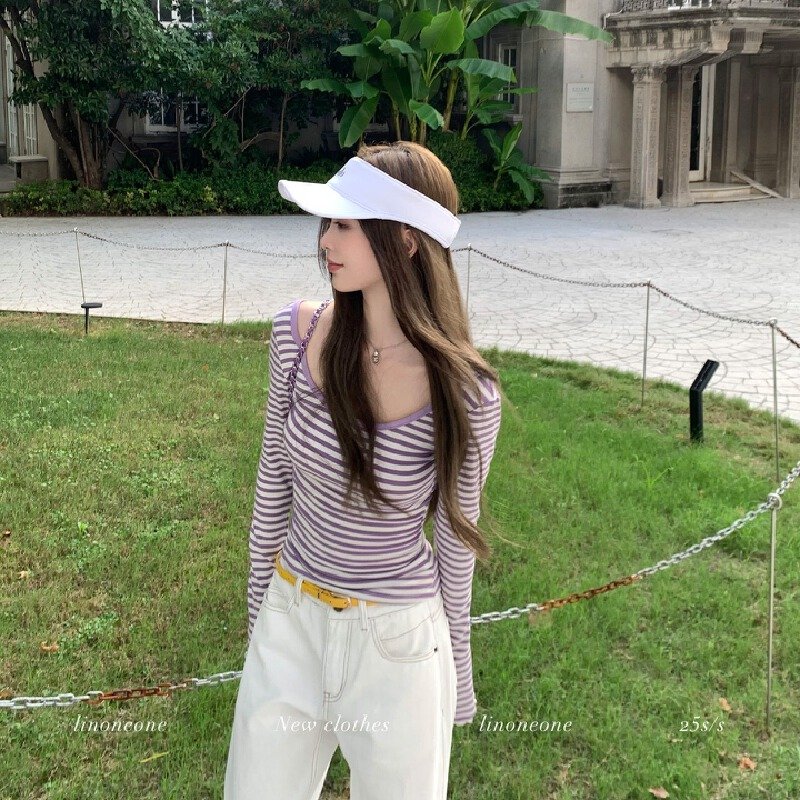 Vapetix S-XL Korean-style spicy girly-style strap-back U-neck long-sleeve T-shirt for women—autumn collection wi – Bild 5