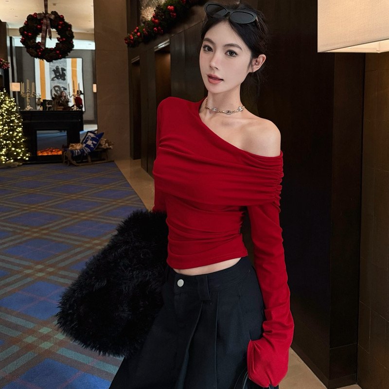 Vapetix S-XL Ankorah Red Slanted Collar Off-the-Shoulder Base Shirt for Women, 2025 Autumn Christmas New Year Ni – Bild 7