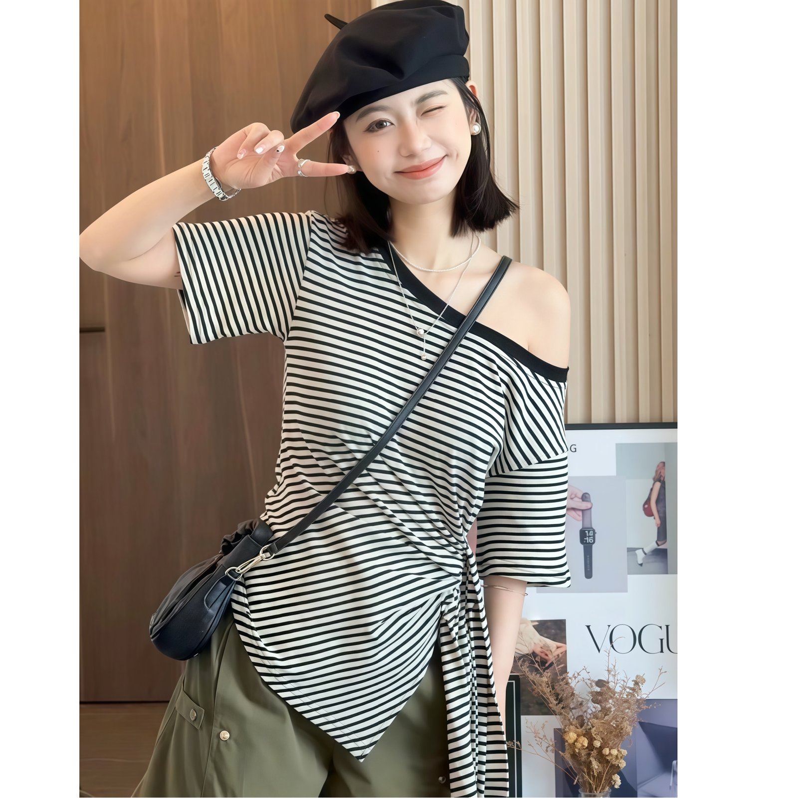 Vapetix S-XL MR【Cool Cotton Color-Woven Stripes】Irregular Striped Asymmetrical Shoulder Short-Sleeve Women's T-S – Bild 5
