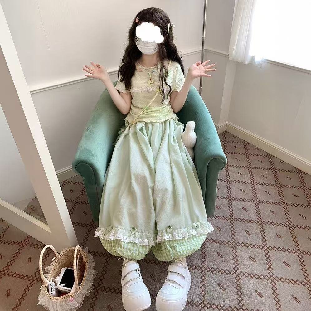 Vapetix S-4XL Strawberry plaid patchwork lantern pants with light green top set, summer loose-fitting sweet and c – Bild 3