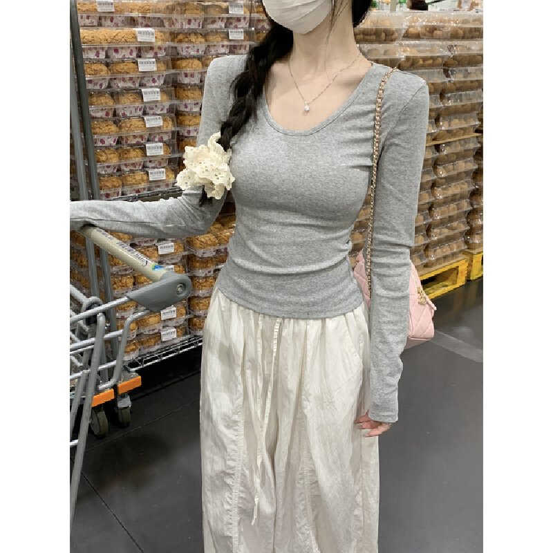 Vapetix S-XL Photographed Autumn Korean Style Fitted Slimming U-Neck Elegant Gentle Long-Sleeved Inner T-shirt B – Bild 5