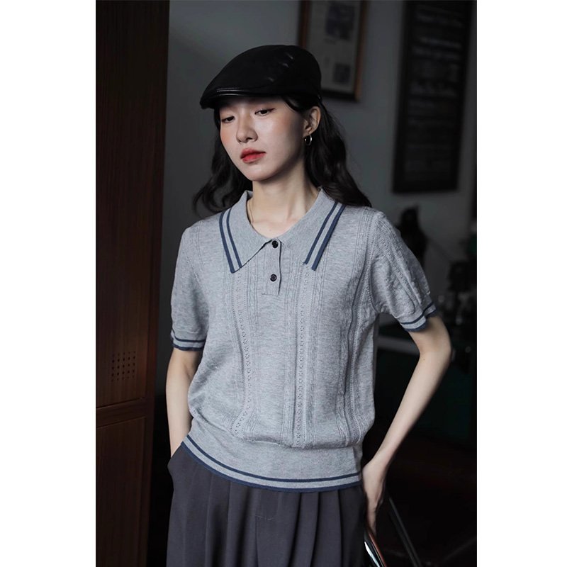 Vapetix Free Size-Free Size A stylish and unique short-sleeved knit T-shirt for women, featuring a versatile, color-blocked des - 图片 4