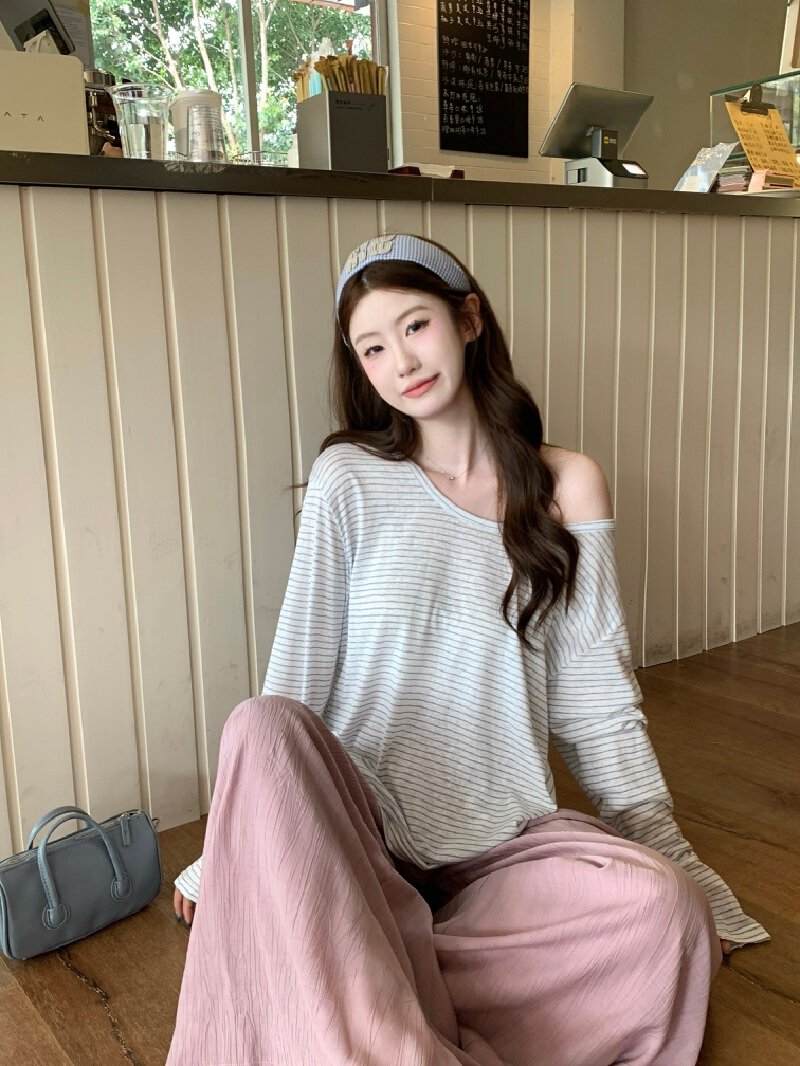 Vapetix S-XL Actual shot~ Gentle lazy off-shoulder striped long-sleeved T-shirt for women, summer loose off-shou – Bild 9