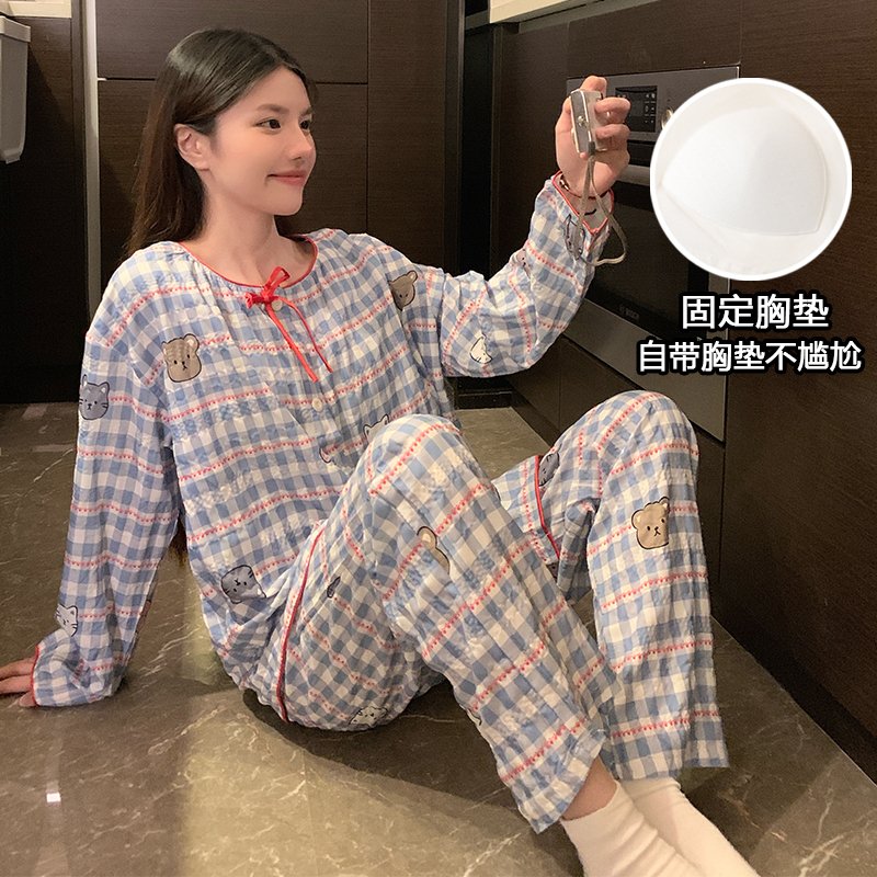 Vapetix M-XXL Ladies' Autumn New Sleepwear Set: Floral Cloud Pattern Cotton Crew Neck Open Top Short Sleeve Short – Bild 4