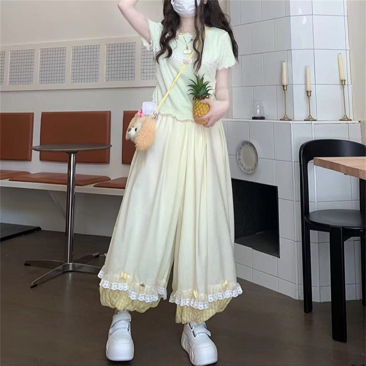 Vapetix S-4XL Strawberry plaid patchwork lantern pants with light green top set, summer loose-fitting sweet and c – Bild 4