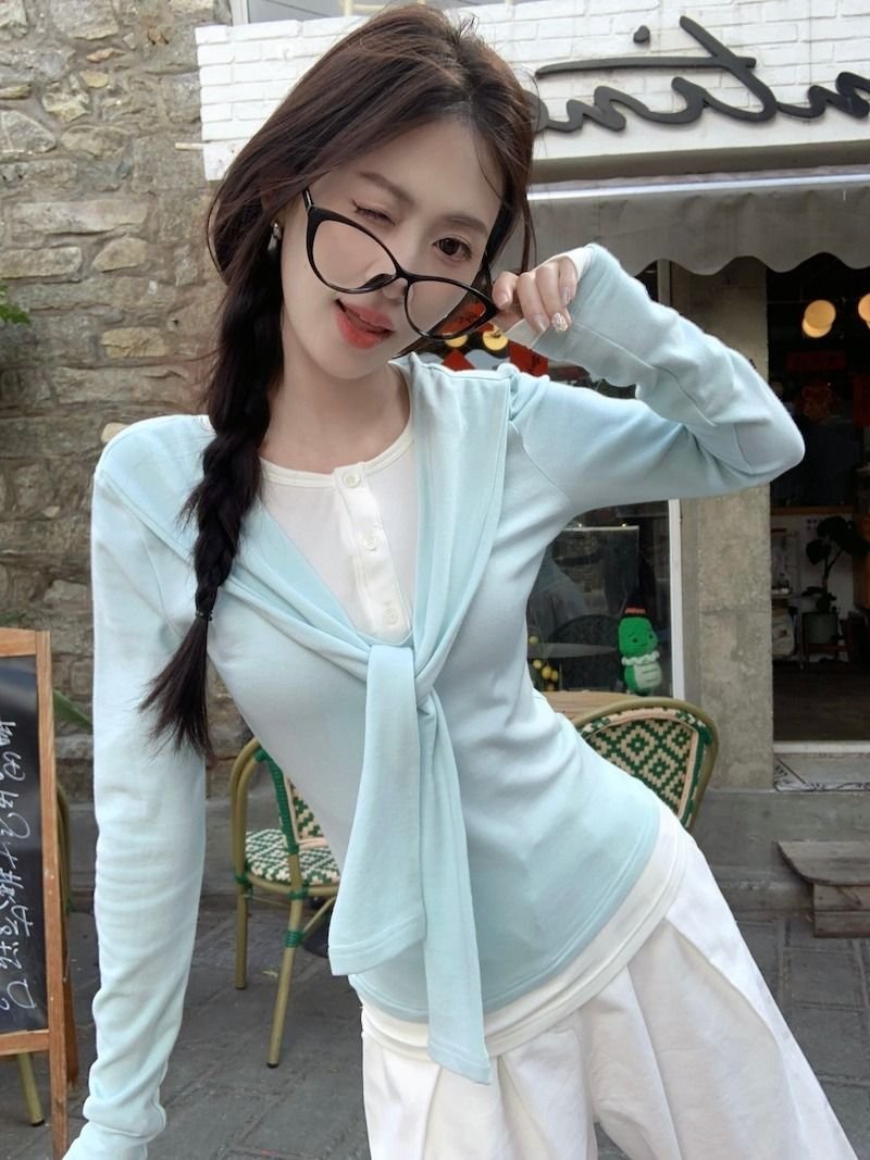 Vapetix S-XL Modal Cotton Spliced Fake Two-Piece T-shirt with Flowing Ribbon, Long Sleeves – Women's Spring Seas – Bild 7