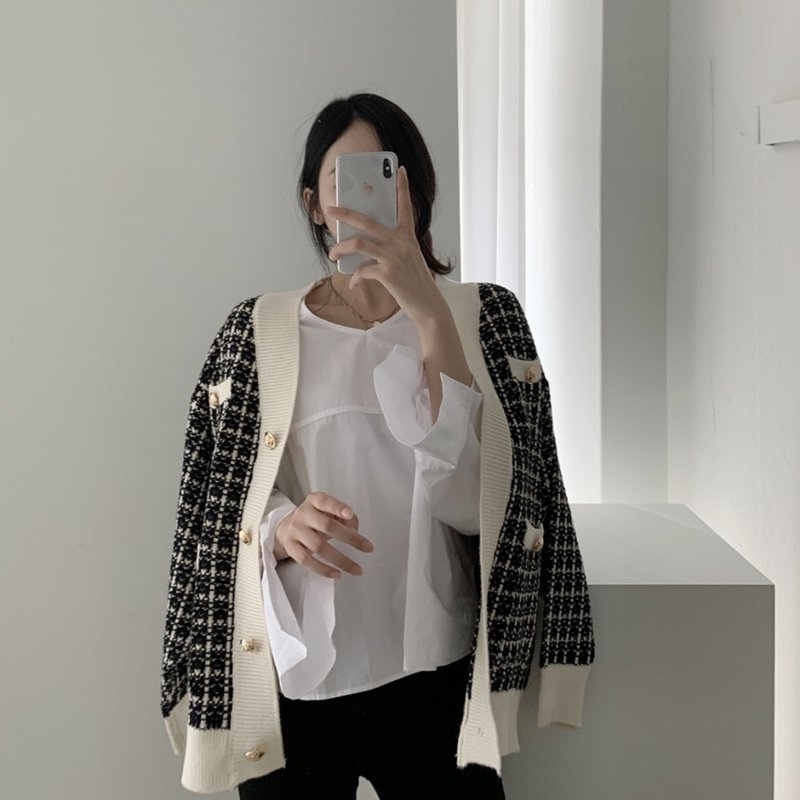Vapetix Average code-Average code Korean chic versatile simple style contrast color single breasted checked sweater cardigan long sle – Bild 8