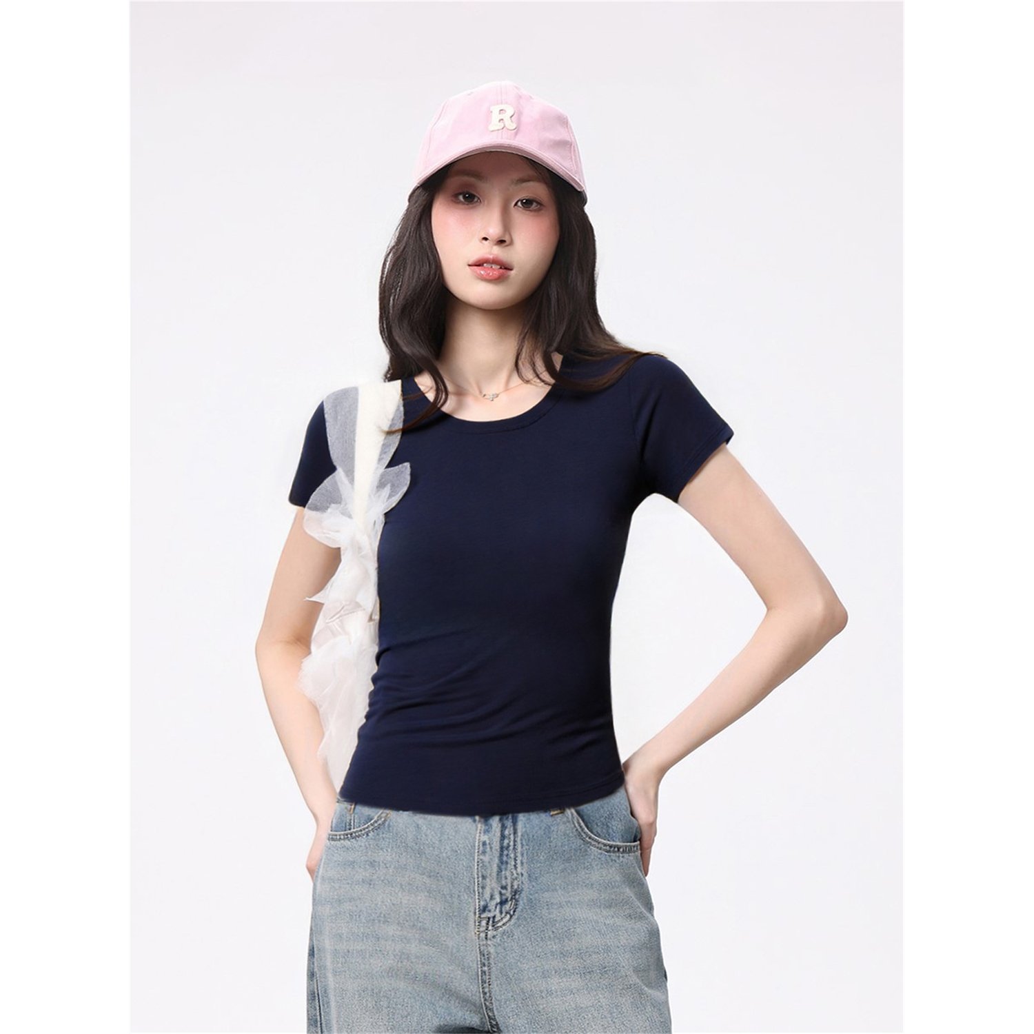 Vapetix S-XL Women's Summer Design Fitted Crew Neck Short Sleeve T-shirt with Invisible Back Split and Slimming - 图片 3