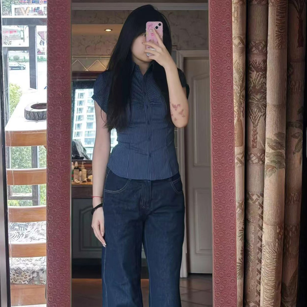 Vapetix S-XL MR【Original Color-Woven Stripes】Retro Striped Tuck-Waist Short-Sleeve Shirt with Single-Break Faste - 图片 4