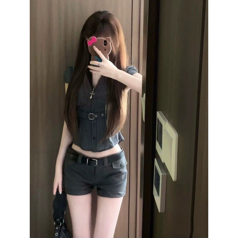 Vapetix S-XL MR【Original Color Weave Striped Shirt】Korean Petite Wear Striped Short-Sleeve Shirt with Gray Short – Bild 5