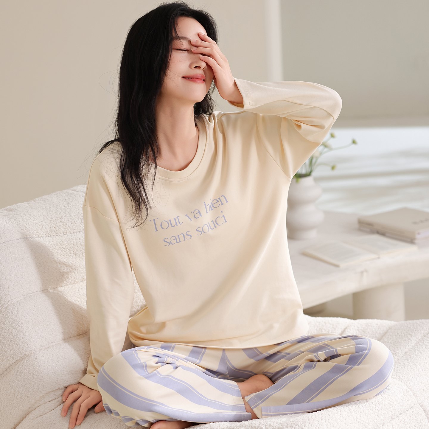 Vapetix M-XXL Qiao Mengran 2025 Autumn Pure Cotton Crew Neck Long Sleeve Long Pants Women's Pajama Set Casual Com – Bild 3