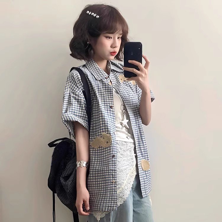 Vapetix S-2XL Women's 2025 Summer Short Sleeve Gingham Shirt in Japanese Retro Loose Casual College Style Thin Bl – Bild 3