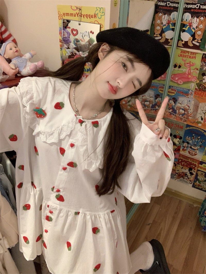 Vapetix S-2XL Spring 2025 Sweet Korean Style Long-Sleeve Dress for Women - New Arrival Strawberry Heavy Work Prin – Bild 3