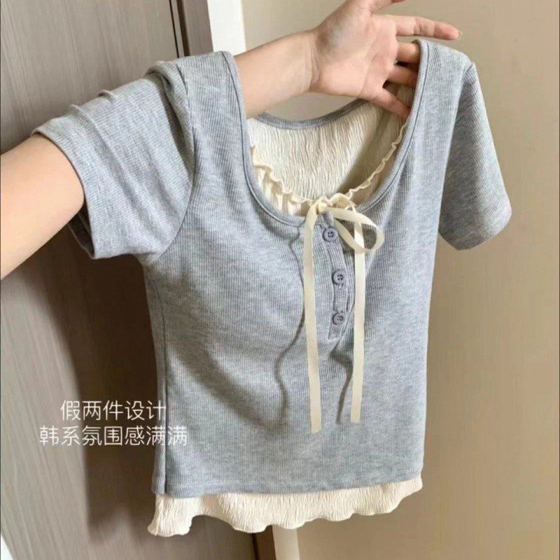 Vapetix S ✪▽✪-The 6XL didn't ship ✪▽✪ Pure desire has no rivals! Color-blocking faux two-piece, regular shoulder top for women, summer ne – Bild 8