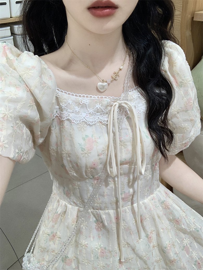 Vapetix S-2XL French Embroidery Floral Dress for Women - Summer, Lace Splicing, Elegant Waist Cinching, Exquisite – Bild 3