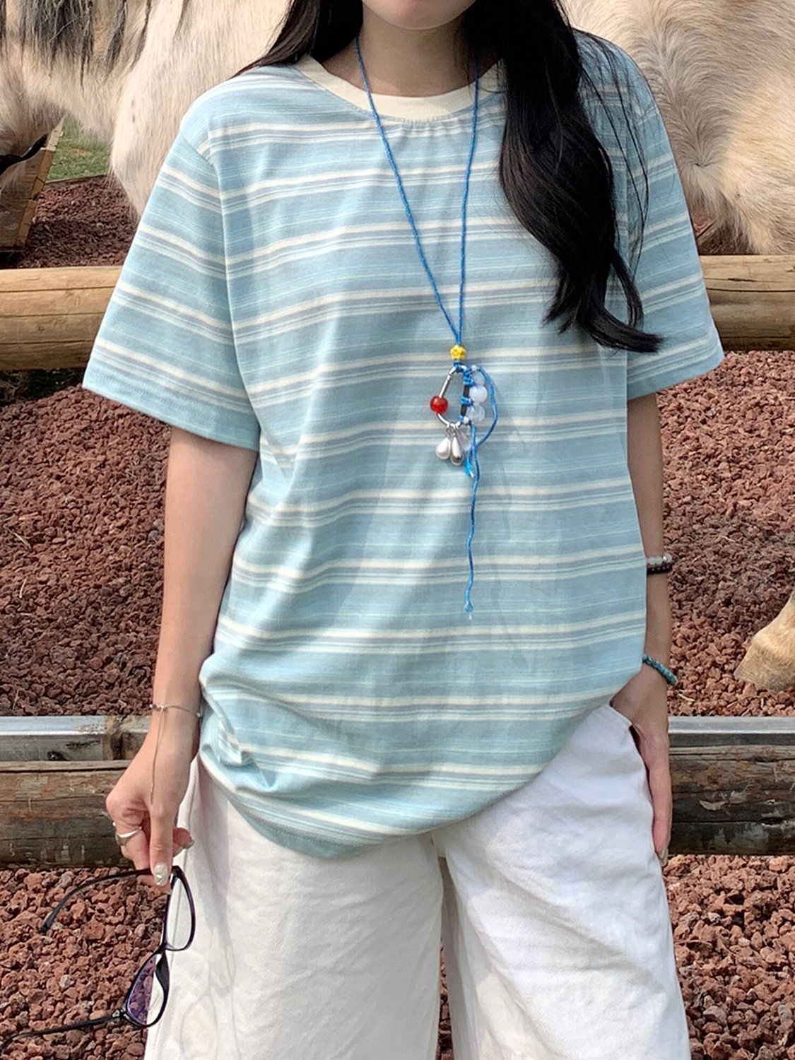 Vapetix S-L Oversized Crew Neck T-Shirt with Striped Color for Women - 2025 Spring and Summer Trendy Casual Han – Bild 4