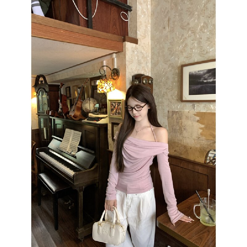 Vapetix S-XL Photographed Autumn Korean Pure Desire Swing Collar One-Shoulder Bodycon Neckline Pleated Long-Slee – Bild 9