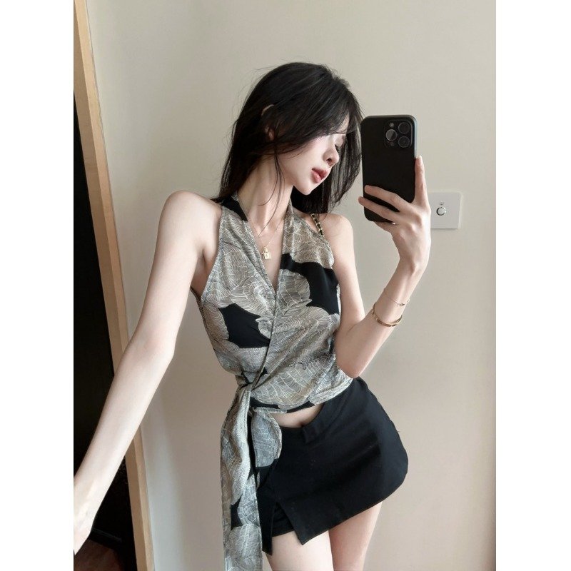 Vapetix S-XL Women's Summer Tie-Band Crop Top with Retro Print, Intersecting V-Neck, Knit Striped Fabric, Body-F - 图片 3