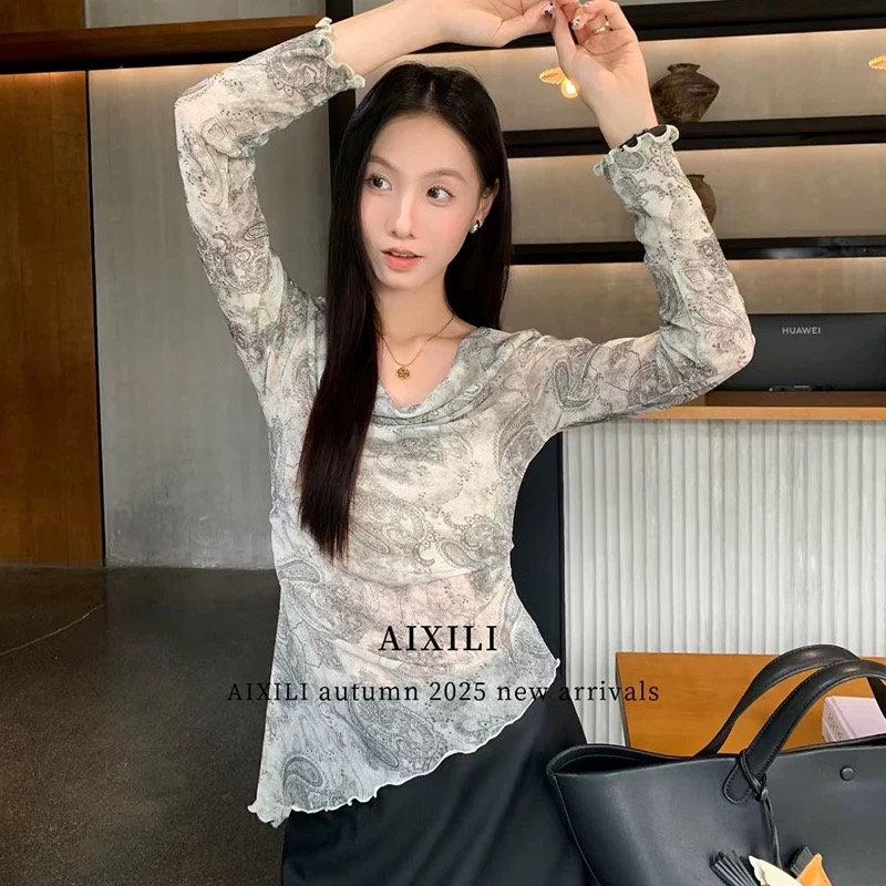 Vapetix Free Size-Free Size Aisili Home 2025 Autumn New Chic Gradient Pile-Neck Ruffled Lace Long-Sleeve T-Shirt for Women – De – Bild 7