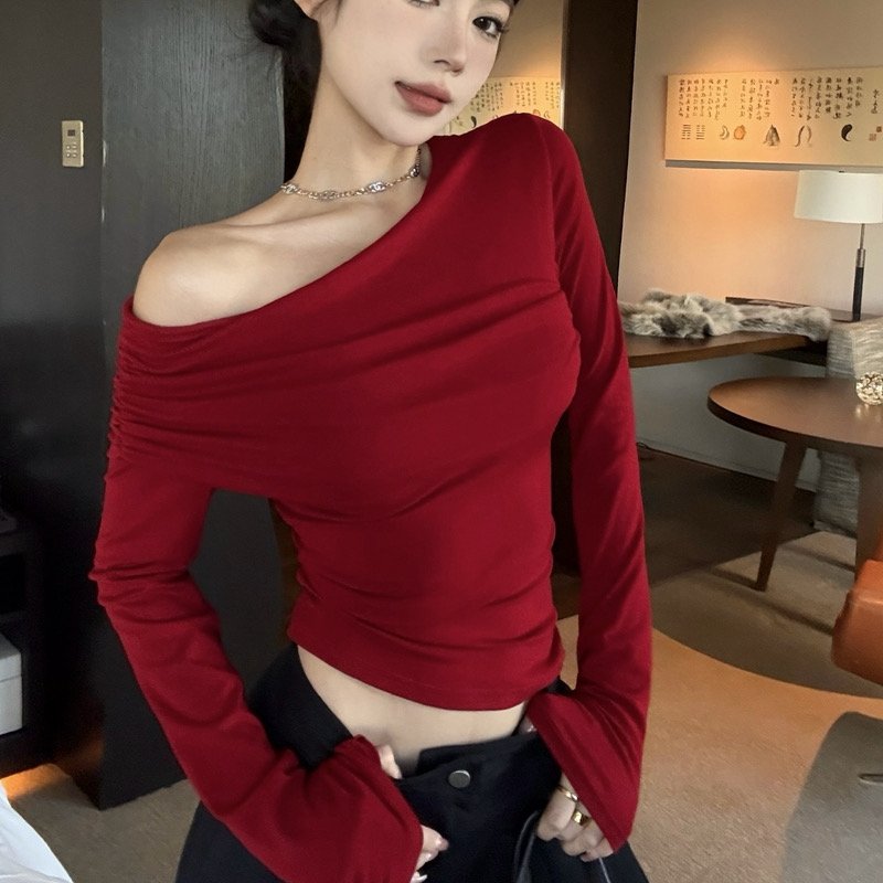 Vapetix S-XL Ankorah Red Slanted Collar Off-the-Shoulder Base Shirt for Women, 2025 Autumn Christmas New Year Ni – Bild 8