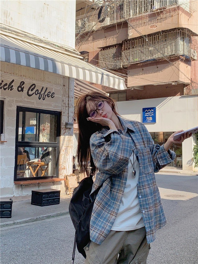 Vapetix S-2XL Grid shirt autumn design loose versatile casual plaids shirt coat ins – Bild 3