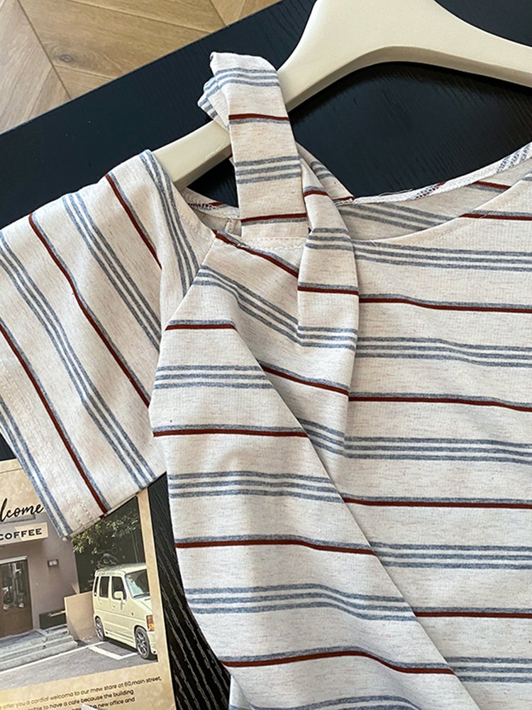 Vapetix S-XL Korean-style fresh and chic distinctive striped off-shoulder women's summer new short-sleeve T-shir – Bild 4