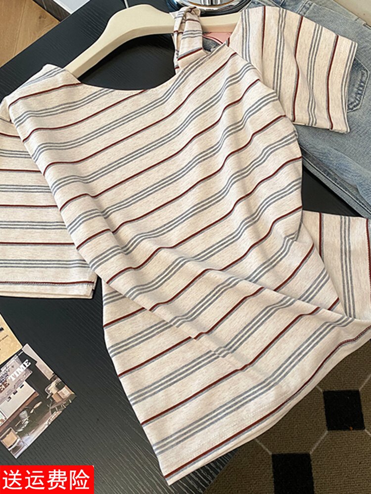 Vapetix S-XL Korean-style fresh and chic distinctive striped off-shoulder women's summer new short-sleeve T-shir – Bild 5