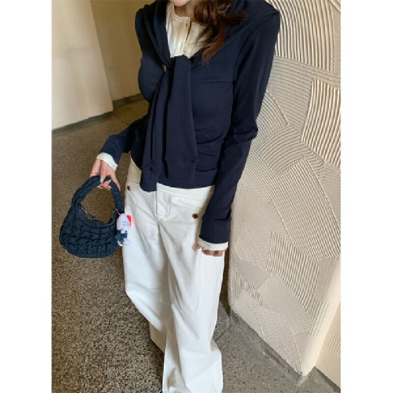 Vapetix S-XL Modal Cotton Spliced Fake Two-Piece T-shirt with Flowing Ribbon, Long Sleeves – Women's Spring Seas – Bild 8