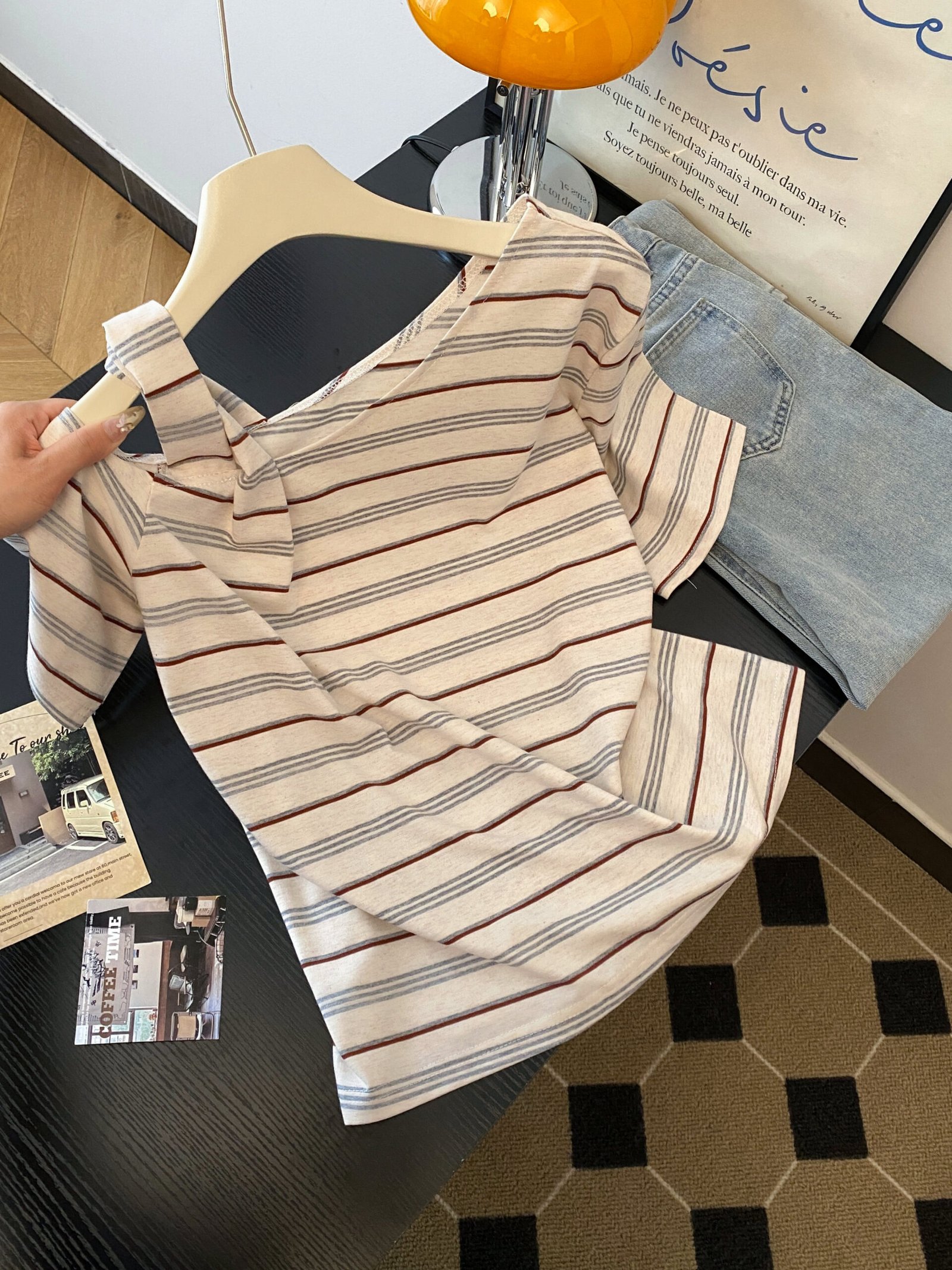 Vapetix S-XL Korean-style striped asymmetrical shoulder short-sleeve women's thin summer new design unique absol – Bild 5