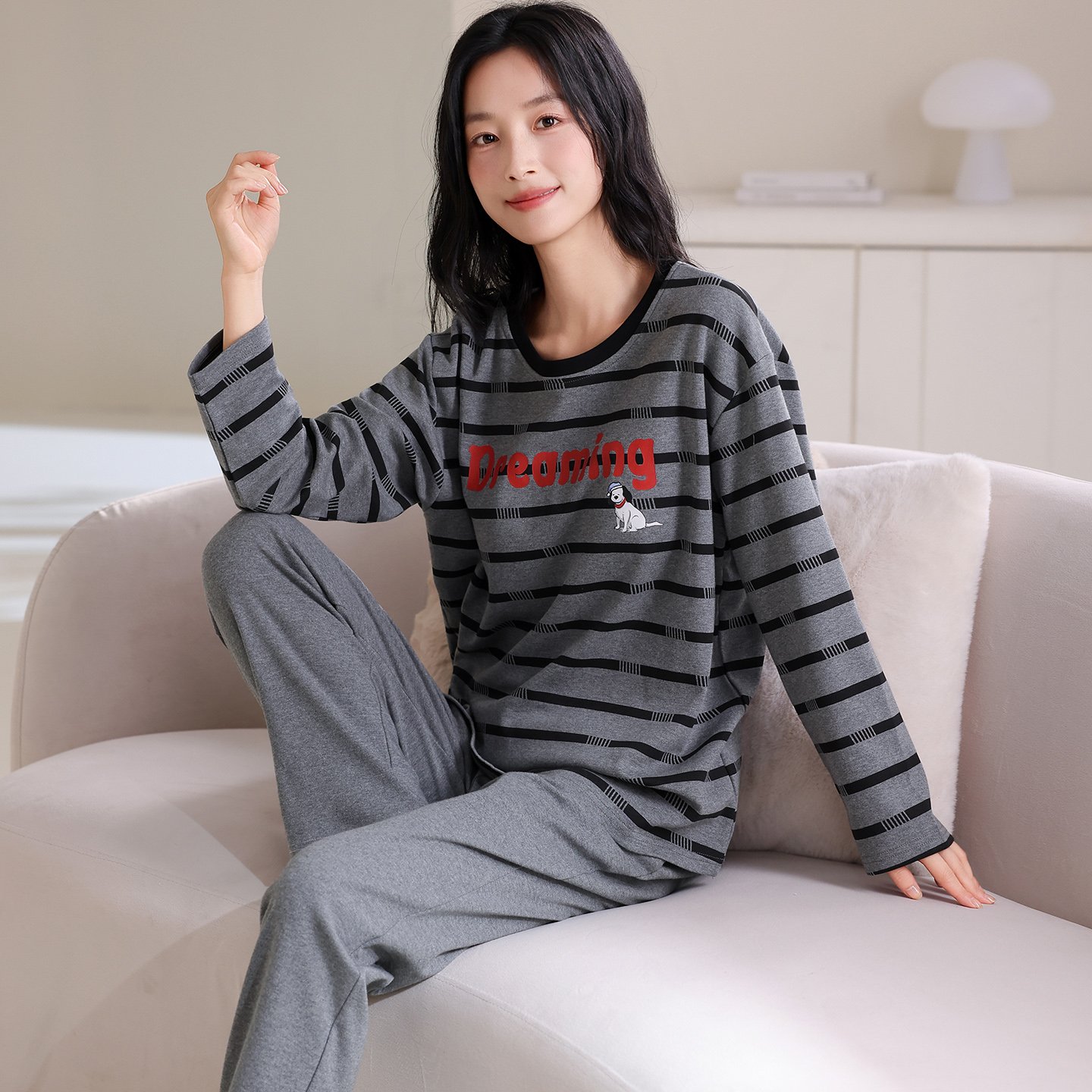 Vapetix M-XXL Qiao Mengran 2025 Autumn Pure Cotton Crew Neck Long Sleeve Pants Pajama Set for Women Casual Comfor – Bild 5