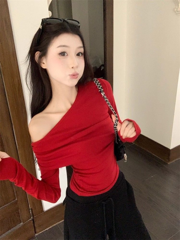 Vapetix S-XL Ankorah Red Slanted Collar Off-the-Shoulder Base Shirt for Women, 2025 Autumn Christmas New Year Ni – Bild 9