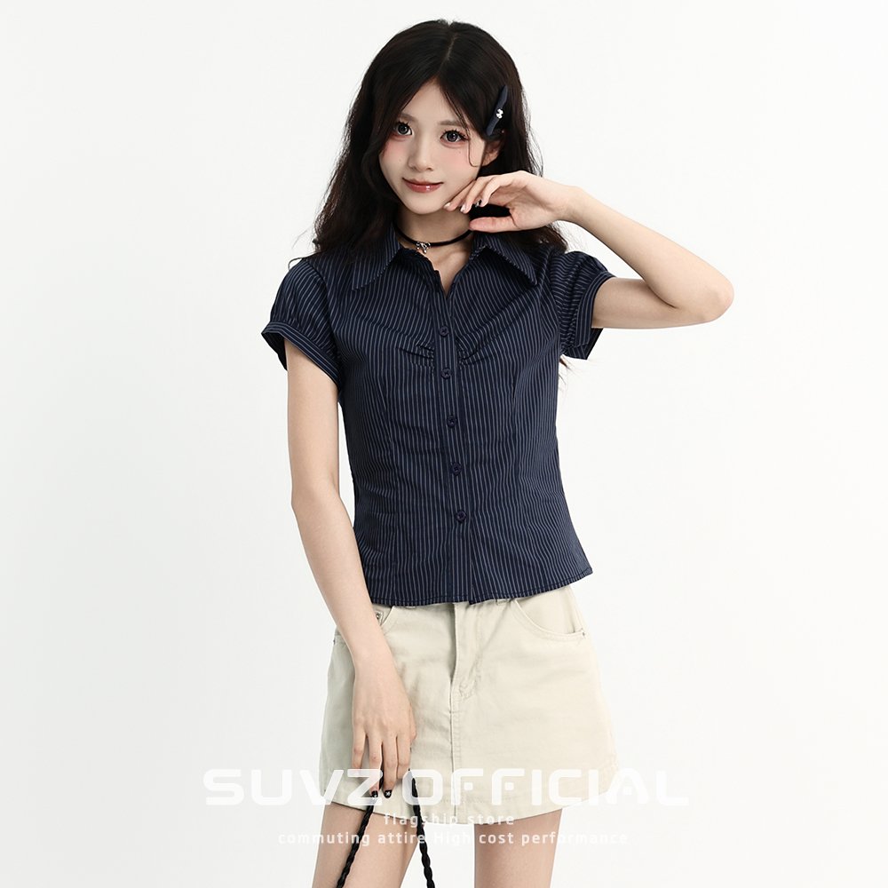 Vapetix S-XL MR【Original Fabric】Korean College Style Pleated Striped Polo Neck Short Sleeve Women's Summer Fitte – Bild 4