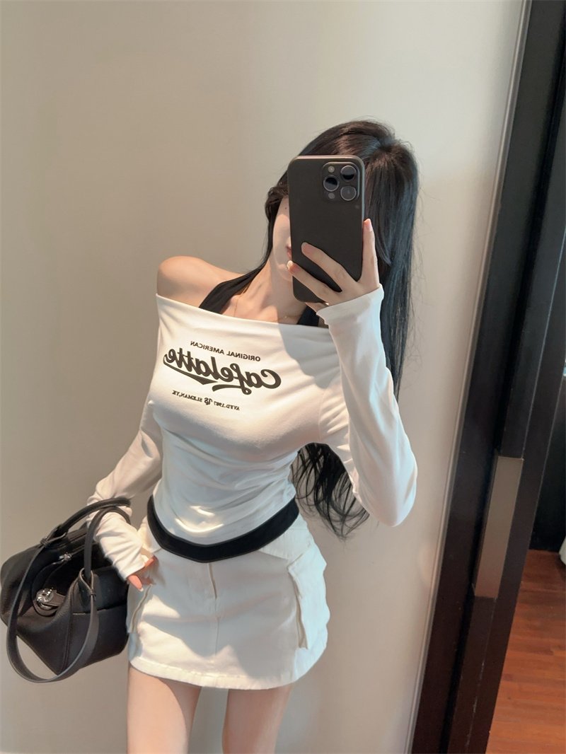 Vapetix Free Size-Free Size ~2025 New Pure Desire Color Block Collared False Two-Piece Letter Print Long-Sleeve T-Shirt Slimmin – Bild 8