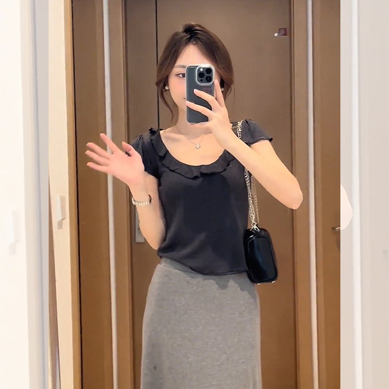 Vapetix S-XL MR【Original Quality】French Style Elegant Gray Ruffled Blouse Short Sleeve T-shirt Women's Summer De - 图片 4