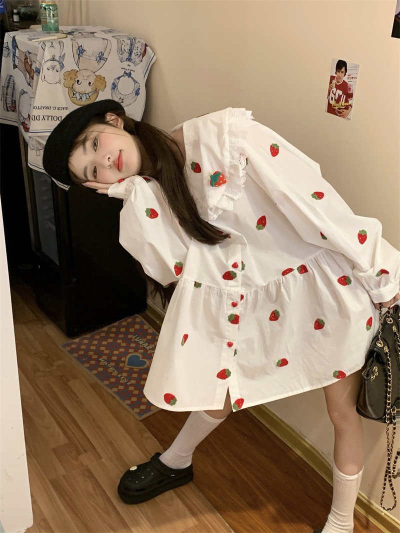 Vapetix S-2XL Spring 2025 Sweet Korean Style Long-Sleeve Dress for Women - New Arrival Strawberry Heavy Work Prin – Bild 4