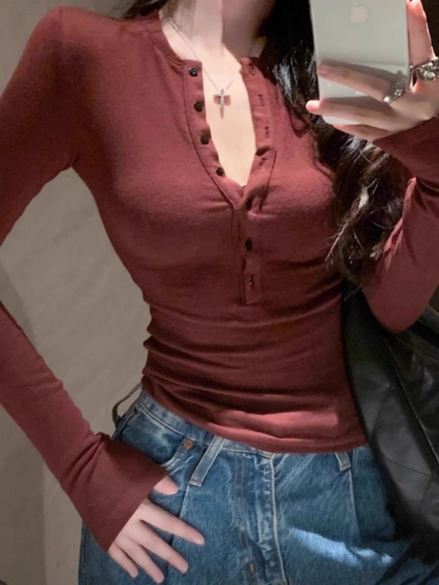 Vapetix S-XL Stylish Grey Half-Open Collar Long-Sleeve Women's T-Shirt for 2025 Autumn, Sexy, Fitted, Slimming, – Bild 8