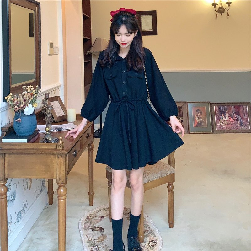 Vapetix S-2XL Women's A-line Long-sleeved Dress with Polo Neck and Drawstring Waist, Slimming for Petite Figures, - 图片 3