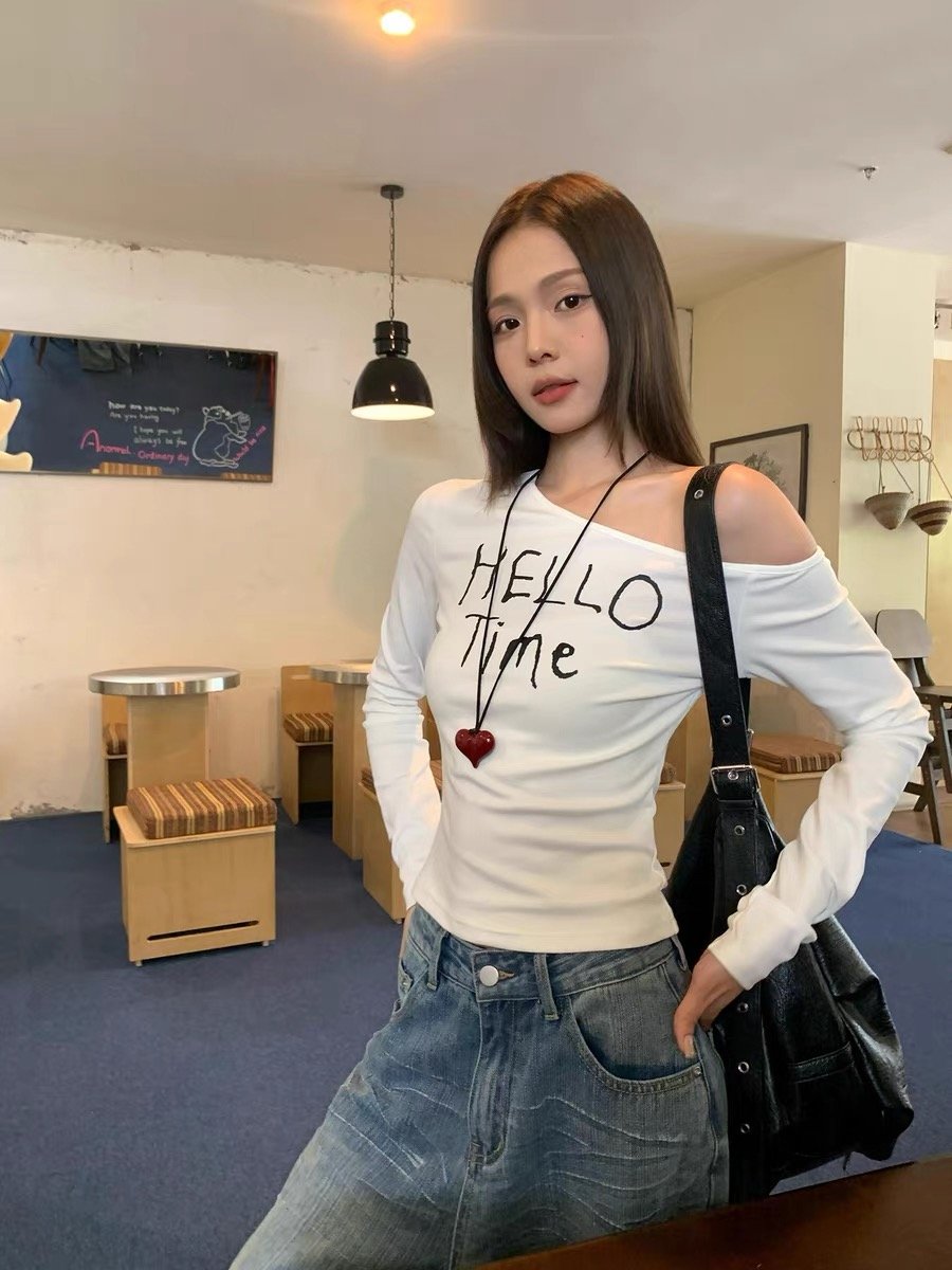 Vapetix M-2XL 【220g 92% cotton 8% spandex】 Off-shoulder American retro chic long-sleeved T-shirt for women, early – Bild 4