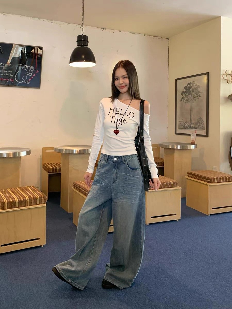 Vapetix M-2XL 【220g 92% cotton 8% spandex】 Off-shoulder American retro chic long-sleeved T-shirt for women, early – Bild 3