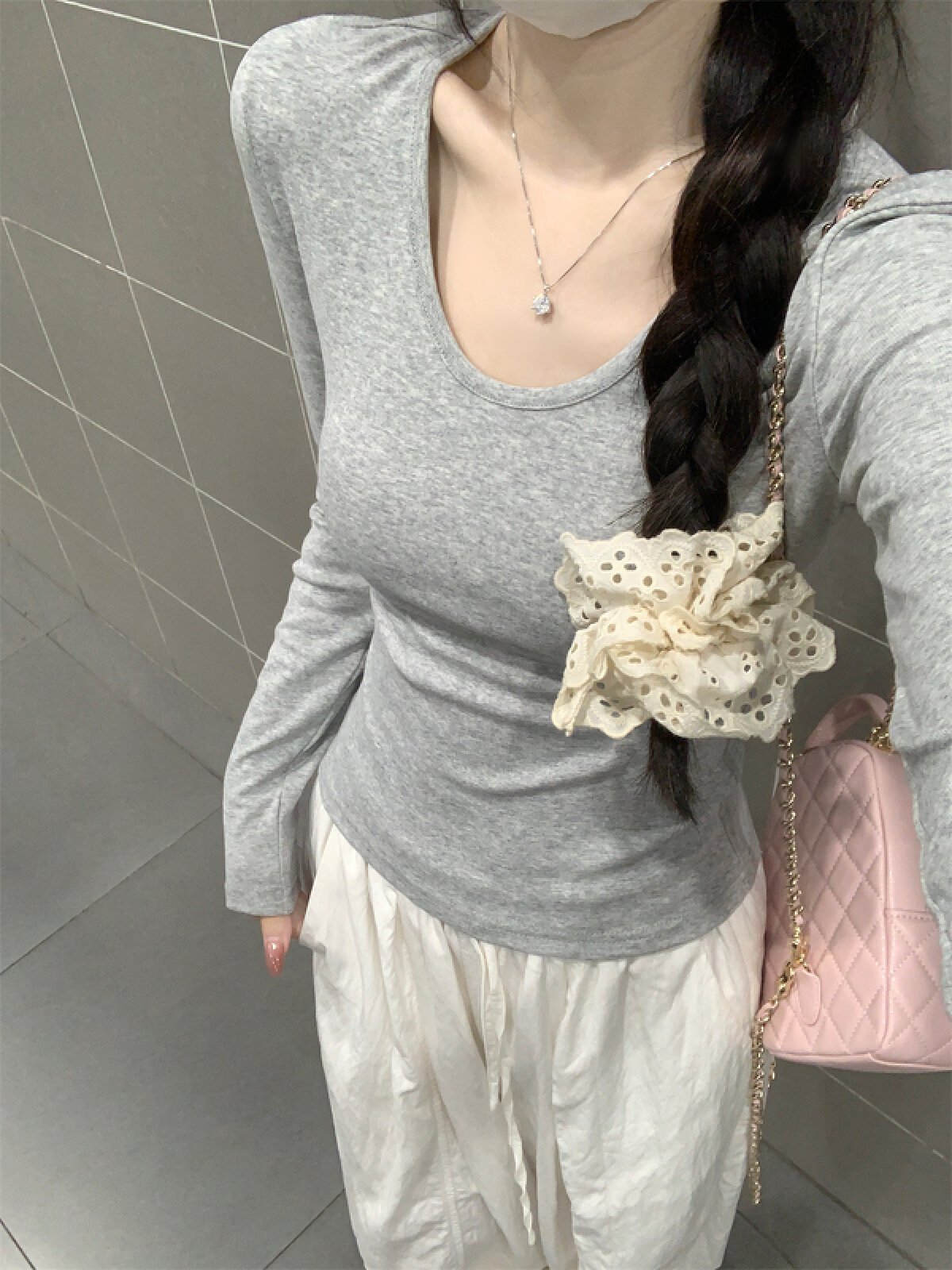 Vapetix S-XL Photographed Autumn Korean Style Fitted Slimming U-Neck Elegant Gentle Long-Sleeved Inner T-shirt B – Bild 7