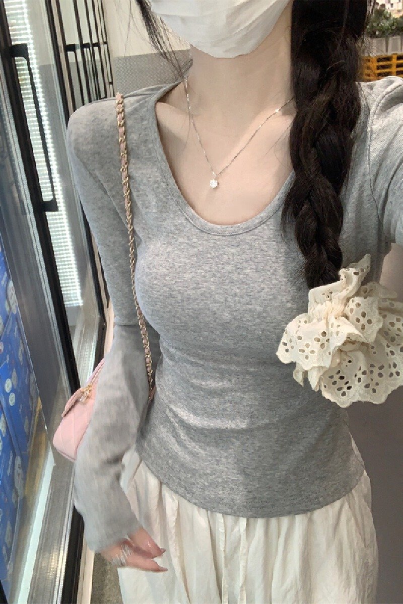 Vapetix S-XL Photographed Autumn Korean Style Fitted Slimming U-Neck Elegant Gentle Long-Sleeved Inner T-shirt B – Bild 8