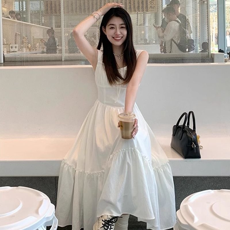 Vapetix S-2XL Small-size first love sweet and gentle square-neck white spaghetti-strap dress, French vacation sty – Bild 4