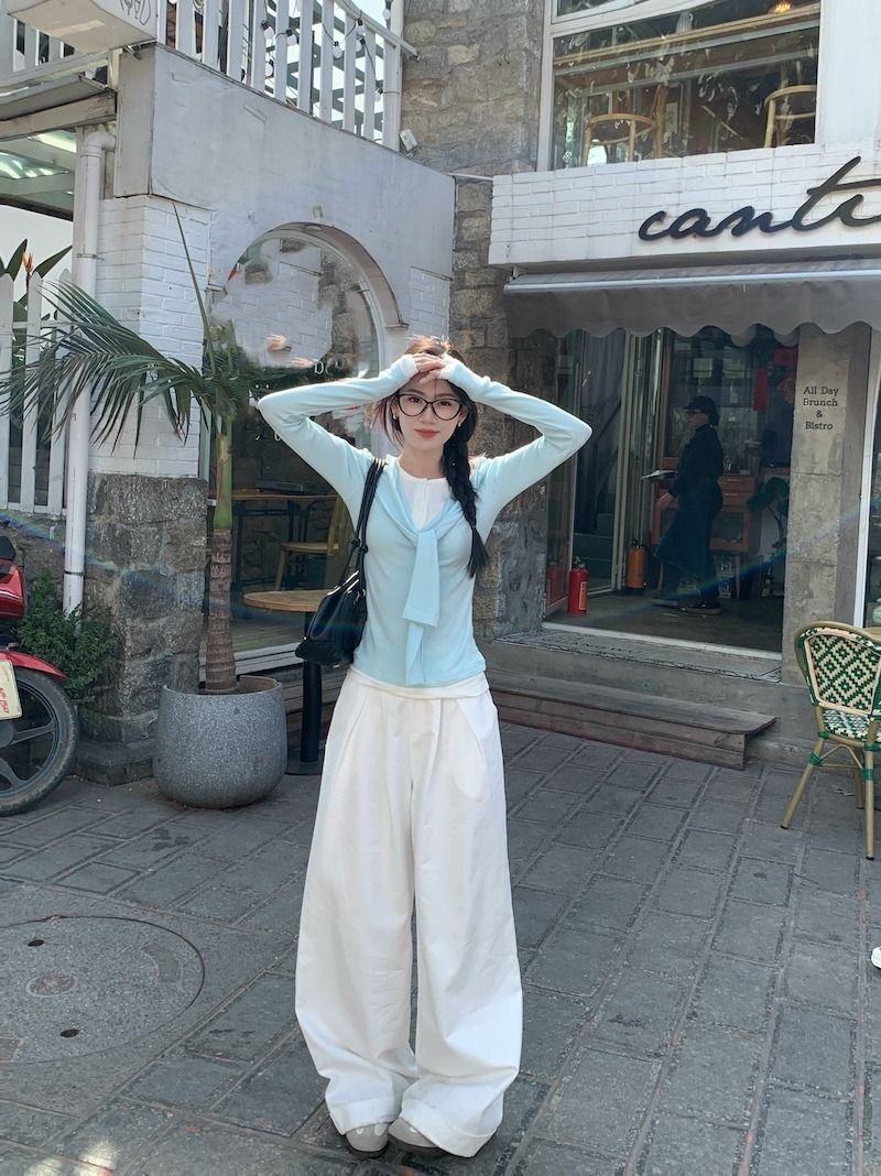 Vapetix S-XL Modal Cotton Spliced Fake Two-Piece T-shirt with Flowing Ribbon, Long Sleeves – Women's Spring Seas – Bild 9