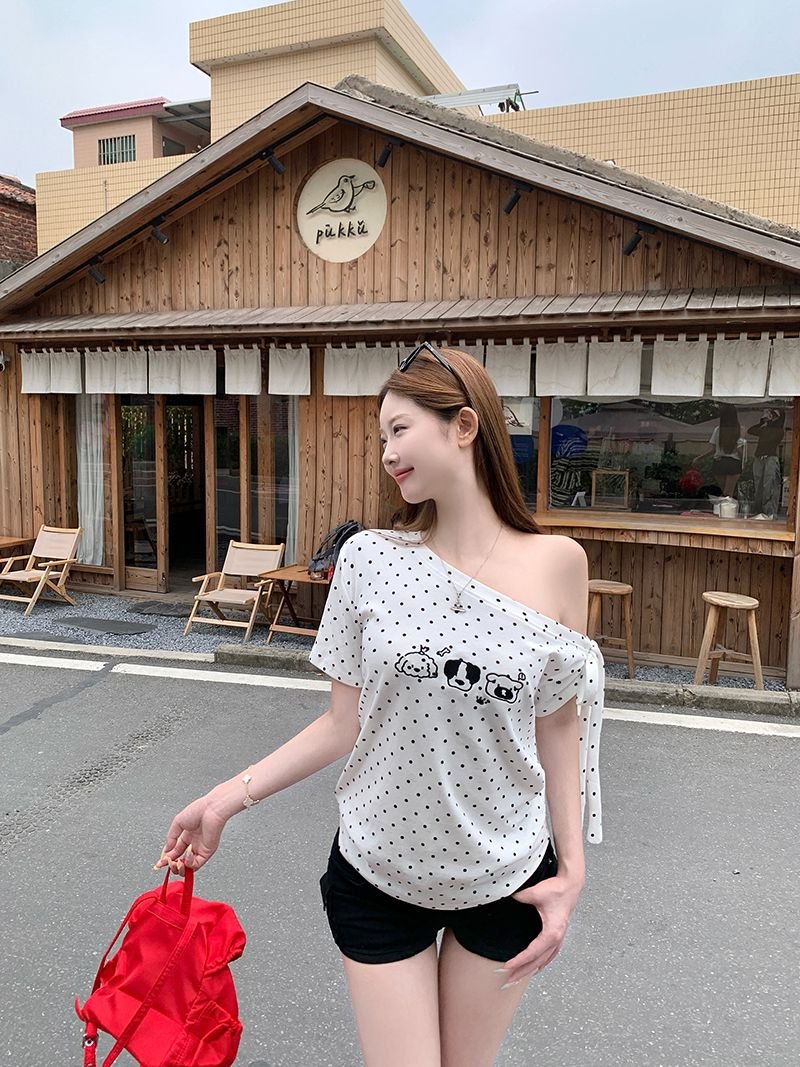 Vapetix S-XL 40 pieces pure cotton fully printed polka dot sweet puppy print trendy summer new off-shoulder shor – Bild 3