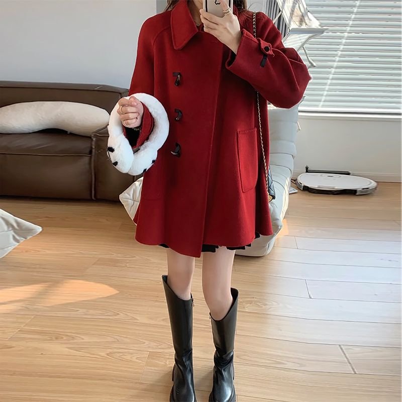 Vapetix S-2XL Women's Red Wool Coat 2025 Autumn/Winter New Korean Style Slimming Shorty Cow Bone Button Wool Coat – Bild 4