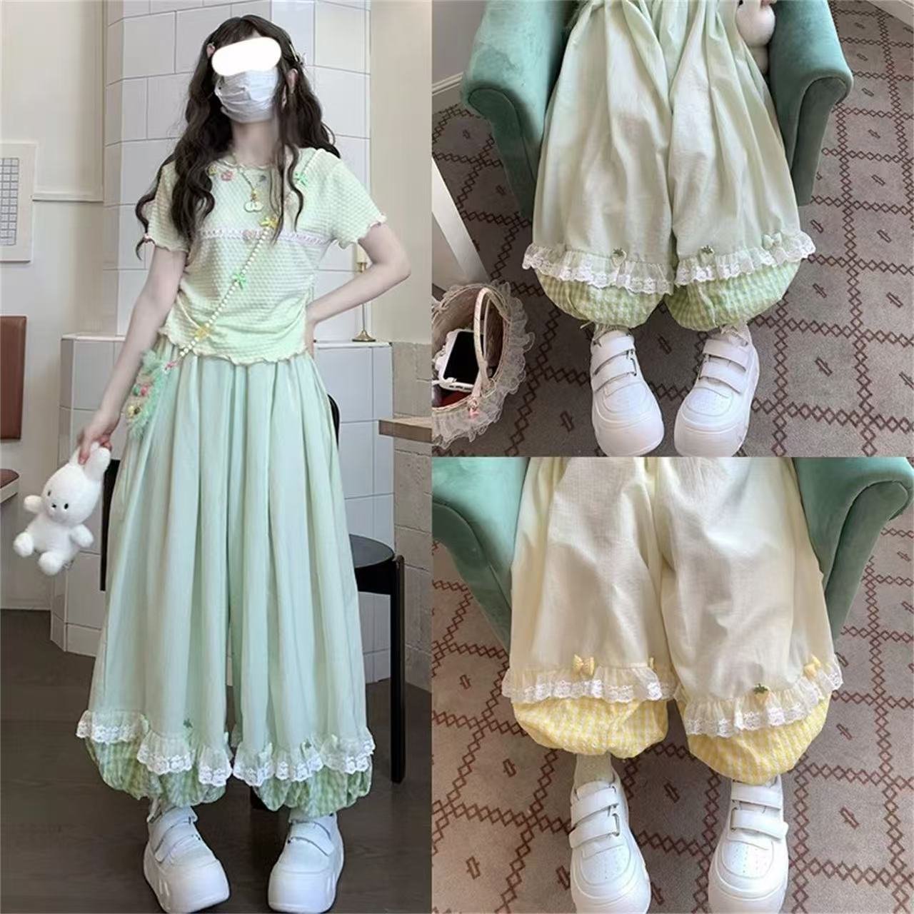 Vapetix S-4XL Strawberry plaid patchwork lantern pants with light green top set, summer loose-fitting sweet and c – Bild 5